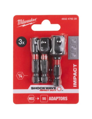 Jogo 3 Adaptadores chaves caixa 1/4", 3/8" e 1/2" Milwaukee Shockwave