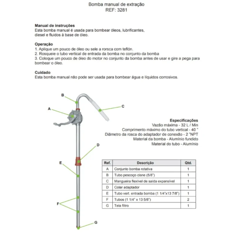 Bomba extração manual óleo para bidons de 50 a 200 litros Kroftools - Manual