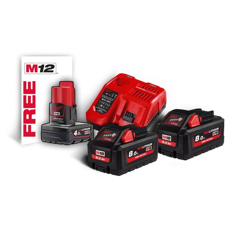 Pack baterias Milwaukee 2X 18v 8aH + 1X 12V 4aH + Carregador