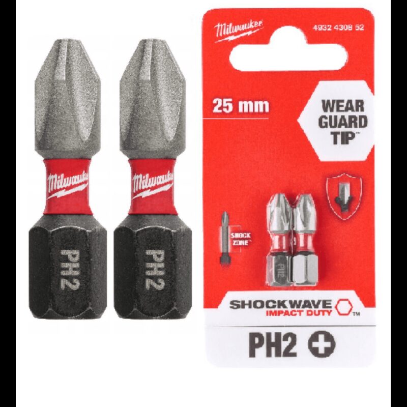 Pack 2 bits PH2x25mm Milwaukee Shockwave impact duty