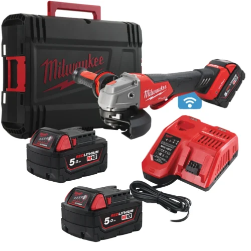 Rebarbadora de acabamentos Milwaukee M18 ONEFSAG125XPDB-0X FUEL™ 125MM + Kit 2 baterias 5Ah M18 B5 + carregador