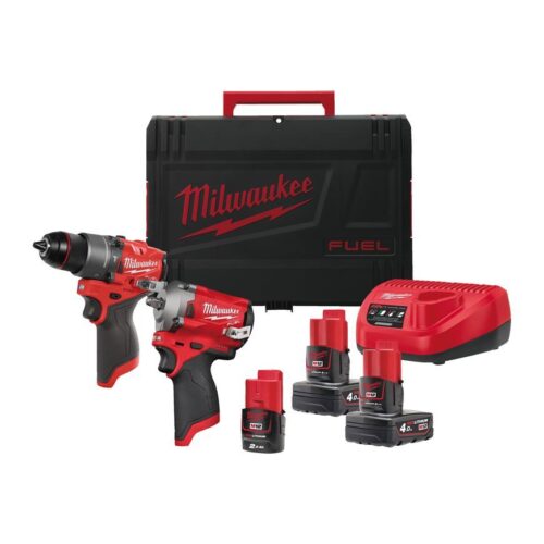 PowerPack Milwaukee M12 FPP2H2-402X Berbequim com percussão + Chave de impacto subcompacta + 2 bat 4Ah + carregador + HD-box