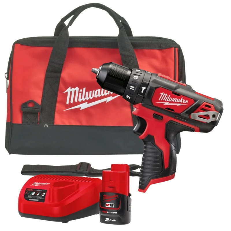 Berbequim com percussão Milwaukee M12 BPD-0 + bat 2Ah + carregador C12 + bolsa de transporte