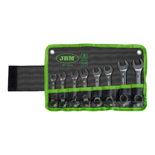 Este conjunto é fácil de armazenar e transportar, ideal para profissionais que procuram versatilidade e qualidade em seu equipamento de trabalho. Contém 8 chaves combinadas de várias medidas: 10, 11, 12, 13, 14, 15, 17, 19 mm.