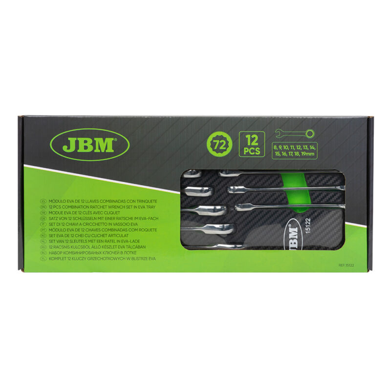 Ideal para completar seu conjunto de ferramentas, preencher seu carrinho com acessórios ou sua caixa de ferramentas portátil. Com acabamento de capa dura simulada em fibra de carbono. O módulo contém diferentes chaves combinadas com trinquete em vários tamanhos: 8, 9, 10, 11, 12, 13, 14, 15, 16, 17, 18, 19MM.