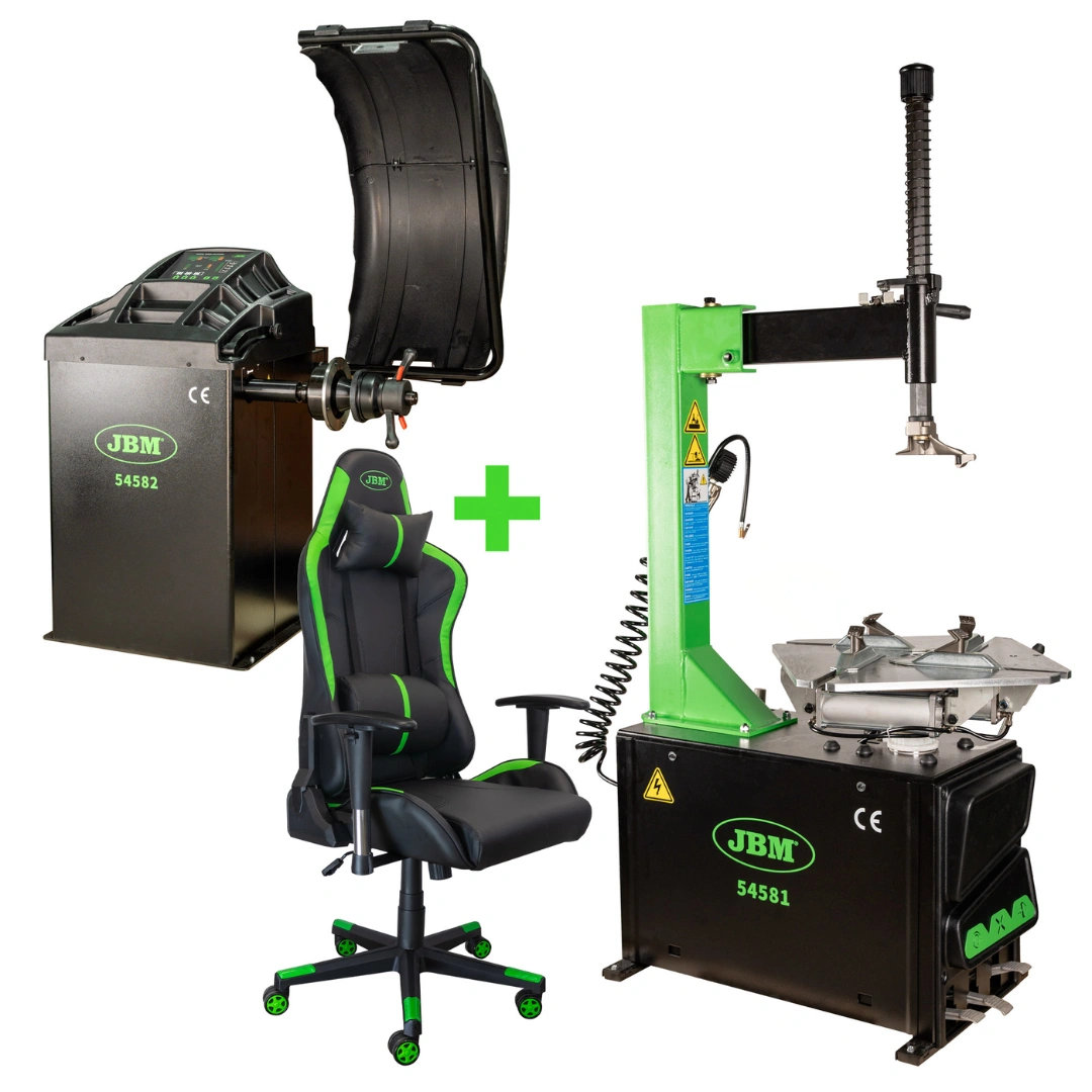 Trocador e Equilibrador de Pneus JBM Série 581 – Pack Oficina + Oferta Cadeira