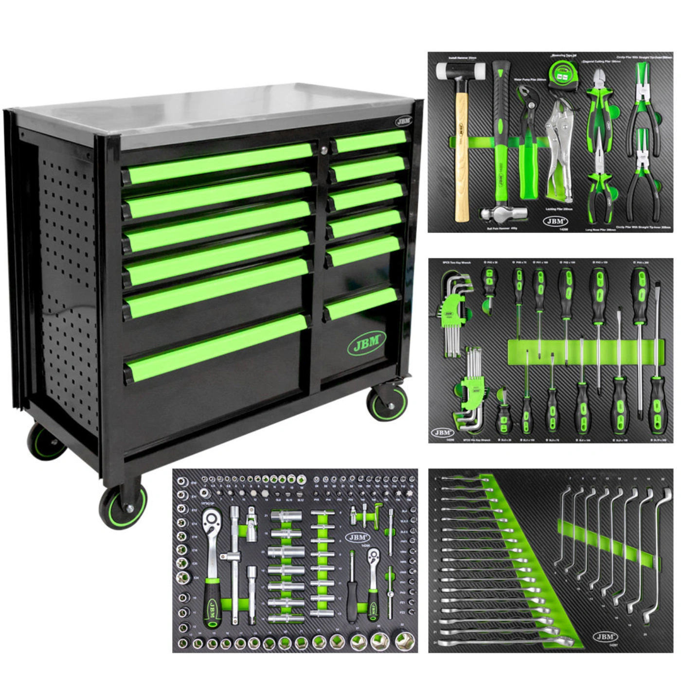 CARRINHO DE FERRAMENTAS COM 12 GAVETAS – VERDE – MONTADO – JBM
