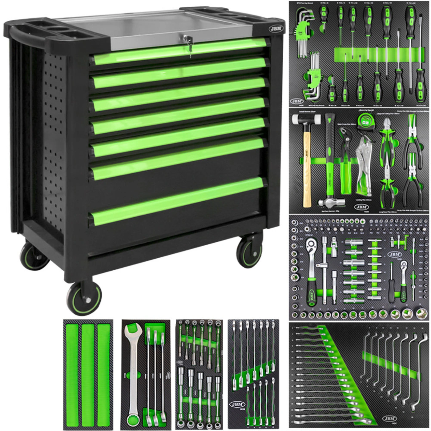 Ficha Técnica - Carrinho de Ferramentas XL com 7 Gavetas Verde Equipado com 199 Peças – JBM