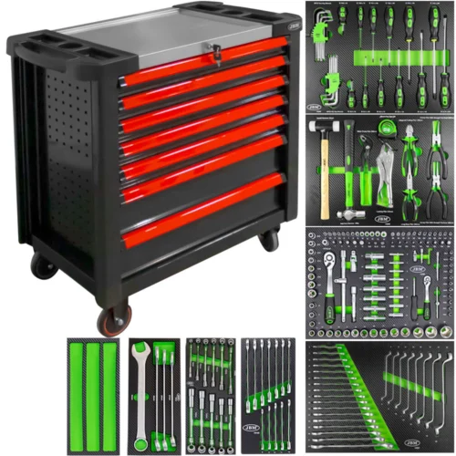 Carrinho de Ferramentas XL com 7 Gavetas Vermelho Equipado com 199 Peças – JBM