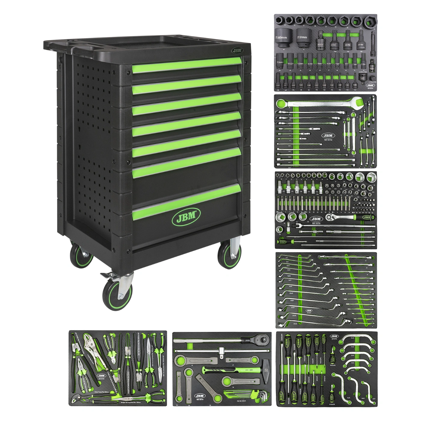Carrinho de Ferramentas com 7 Gavetas Verde Especial Camião Equipado com 224 Peças – JBM