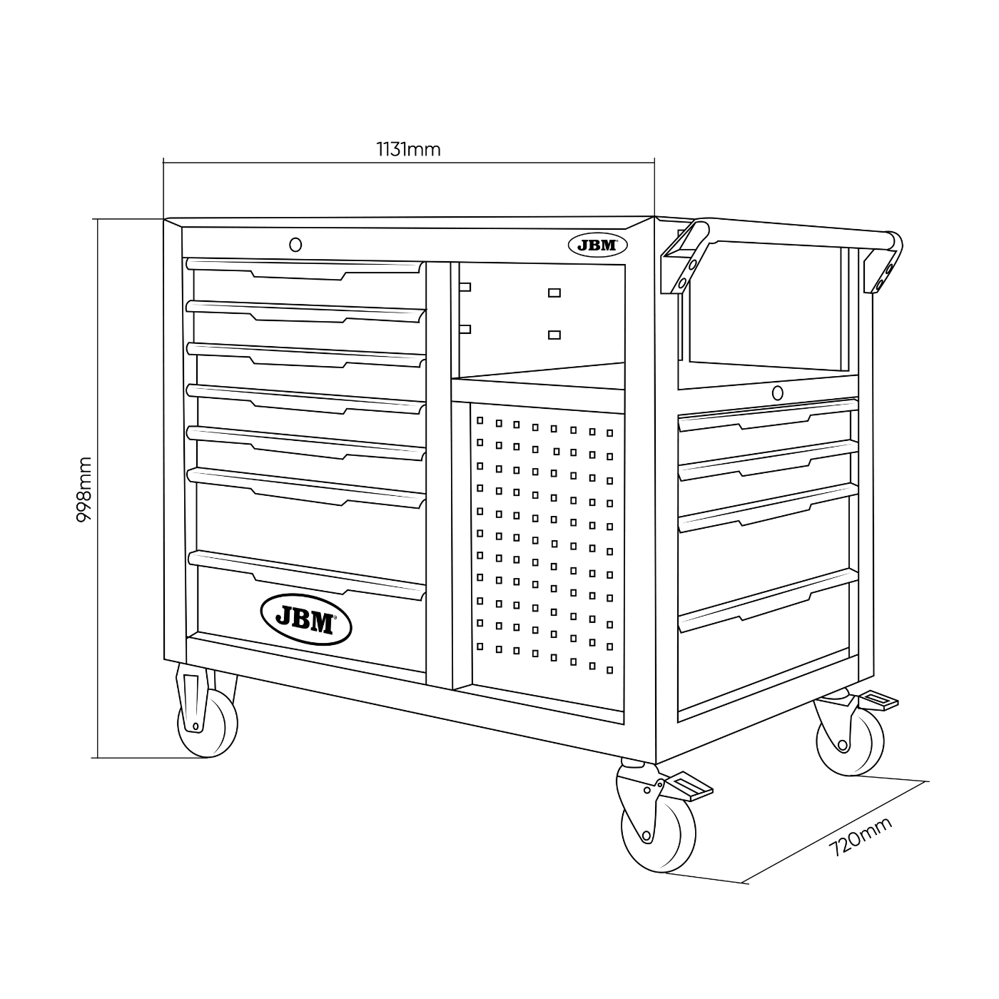 Carro de Ferramentas com 11 Gavetas (7 Frontais / 4 Laterais) Equipado com 331 Peças – JBM 8